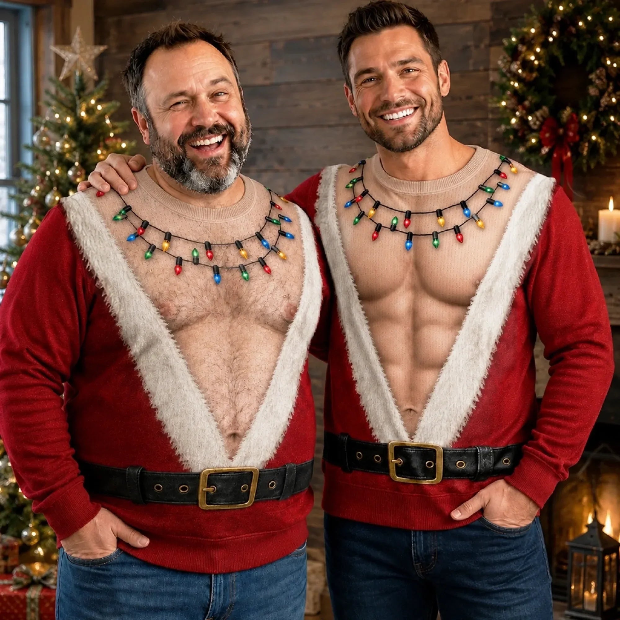 Funny Hairy Chest Santa Light-Up Christmas Sweatshirt